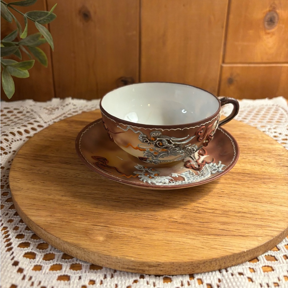 Vintage Japanese Dragonware Moriage Dragon Cup and Saucer
